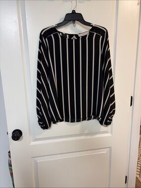 LOFT Black Blouse with White Vertical Stripes